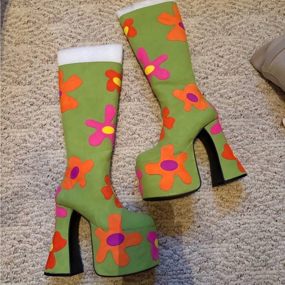 Dolls Kill Shoes - Dolls Kill Green Platform Knee-High Boots with Orange & Pink Flowers